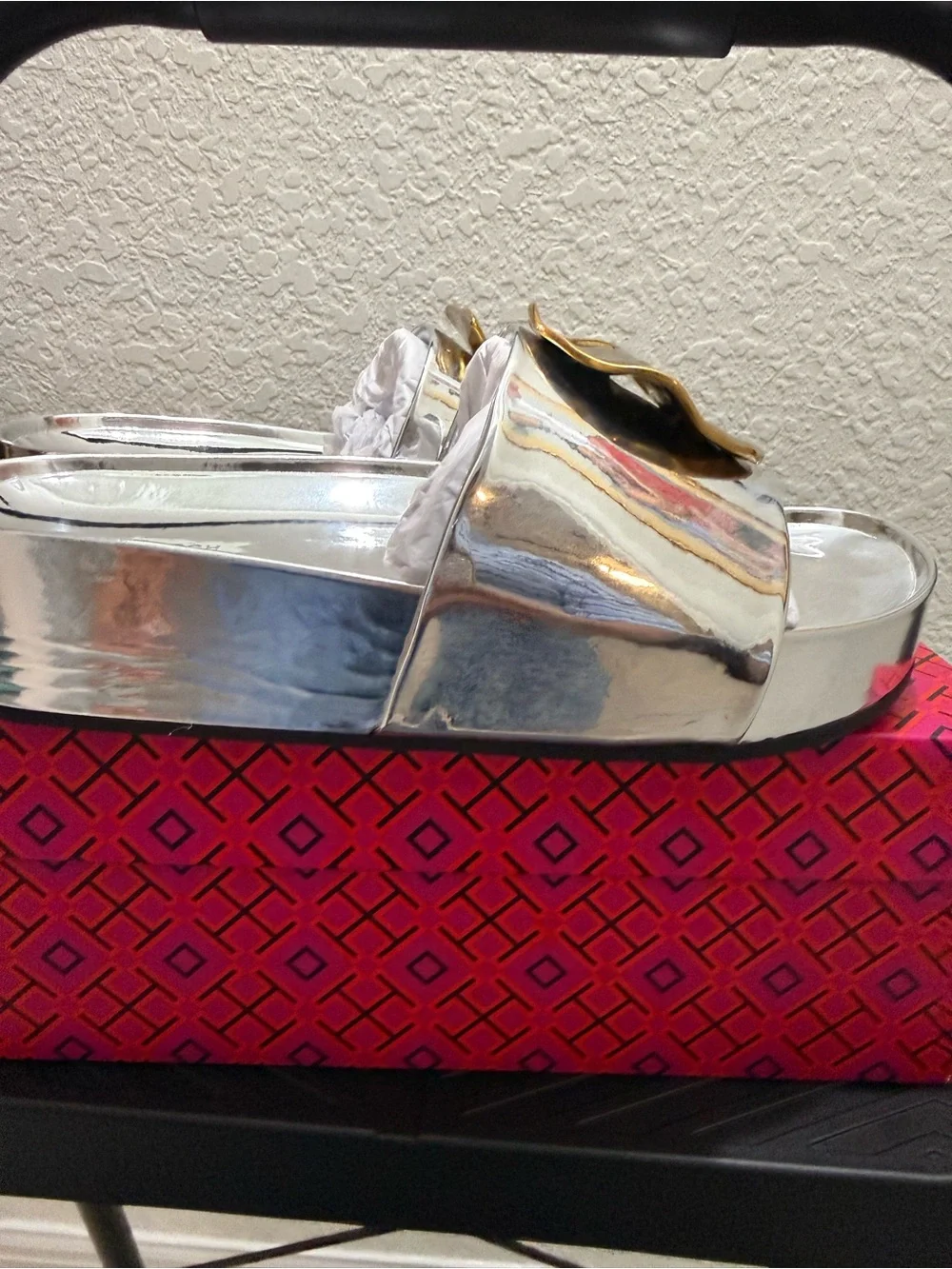 Tory Burch Metallic Silver Platform Slide Sandals with Gold Accents